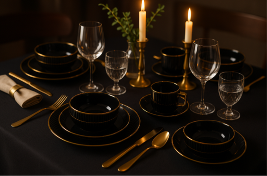 52-Piece Black-White Porcelain Dinnerware Set – Gold Rim | Aura by Goldmark