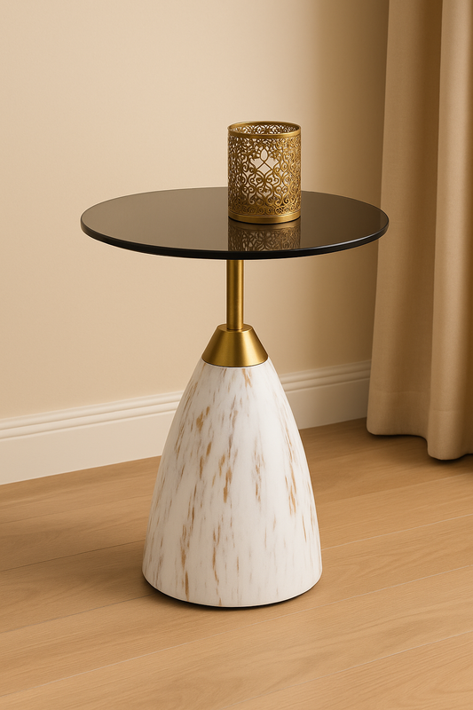Modern Black Glass-Top Accent Table – 21.2" Tall, Marble-Look Metal Base