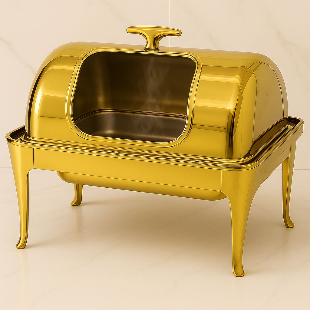 9QT Gold Roll Top Chafing Dish – Rectangular Buffet Warmer for Catering & Events