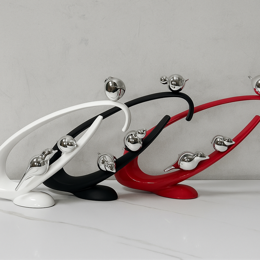 Curved Bird Sculpture Trio – 14.5" Wide, Chrome Accents