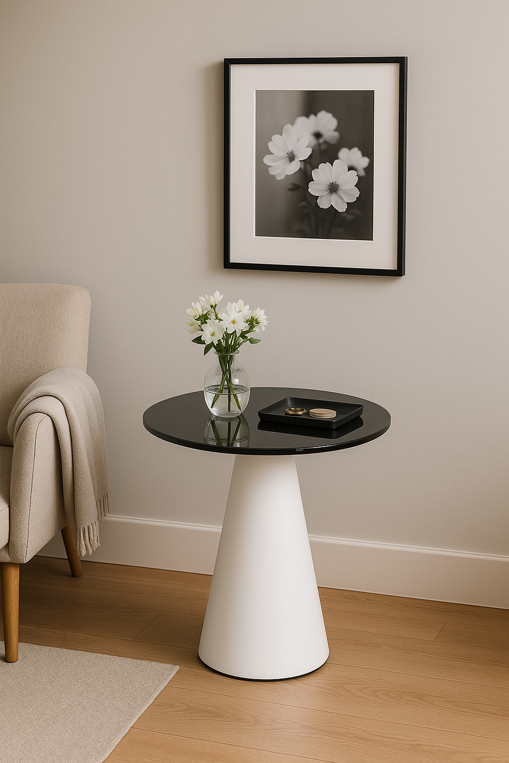 21.2" Tall Round Side Table with Dense Glass Top & Heavy Metal Base – Black & White