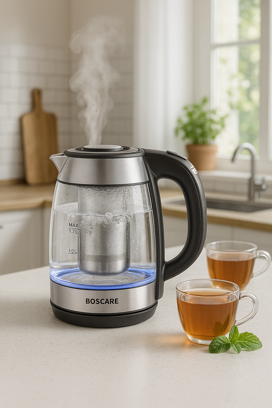 Boscare 1.7L Electric Glass Kettle with Stainless Steel Infuser – 1500W Fast Boil, LED Light
