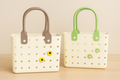 Stylish Plastic Carry Basket with Removable Flower Charms – Ideal for Shopping, Picnic & Home Storage