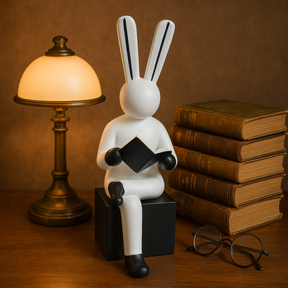 Modern Wood & Metal Reading Bunny Figurines — Black and White Rabbit Statues for Home or Office Decor