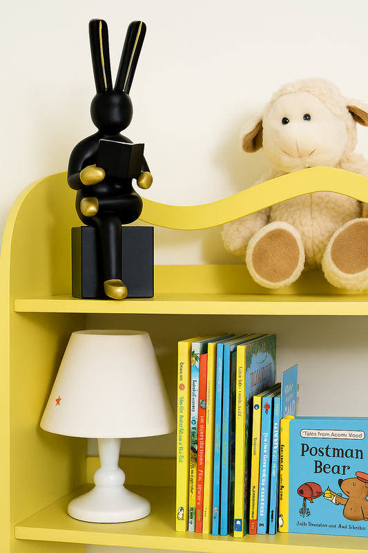 Modern Wood & Metal Reading Bunny Figurines — Black and White Rabbit Statues for Home or Office Decor