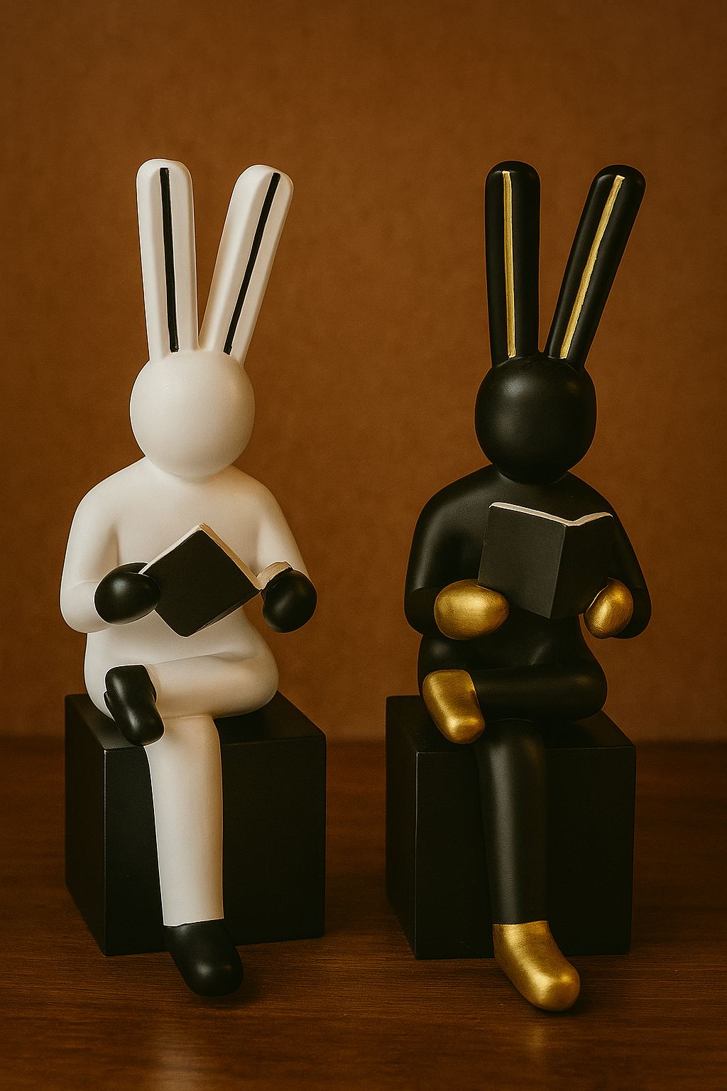 Modern Wood & Metal Reading Bunny Figurines — Black and White Rabbit Statues for Home or Office Decor