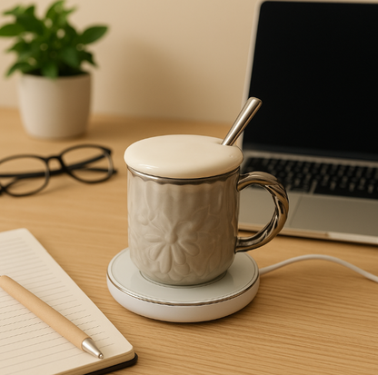 Electric Mug Warmer Set with Ceramic Mug & Spoon - Chic Box Packaging