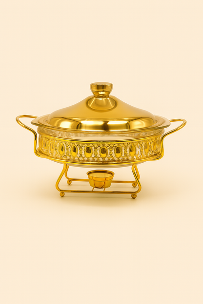 2.0L Glass Chafing Dish with Gold Stand – Stainless Steel Food Warmer with Lid