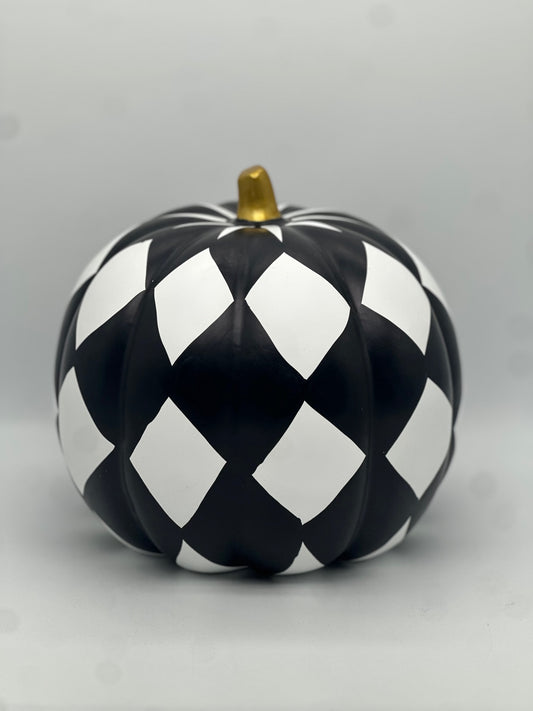 Black & White Harlequin Resin Pumpkin – 7.8" Tall Decorative Accent with Gold Stem
