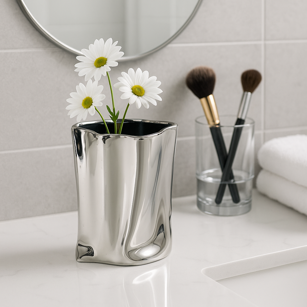 Sculpted Chrome Ceramic Vase — Modern Reflective Accent Piece