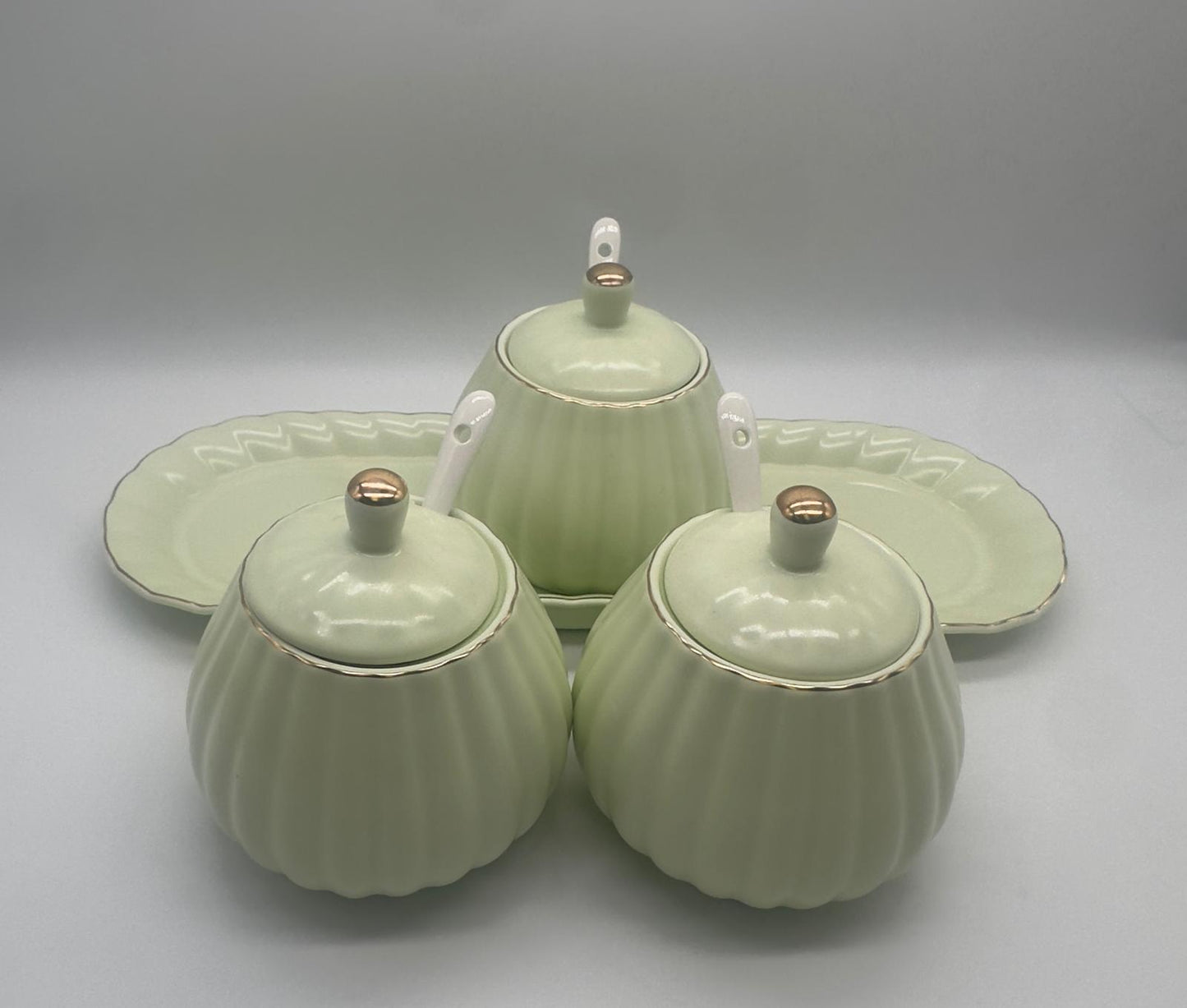 Elegant Celadon Green Ceramic Condiment Set with Tray - 3 jars