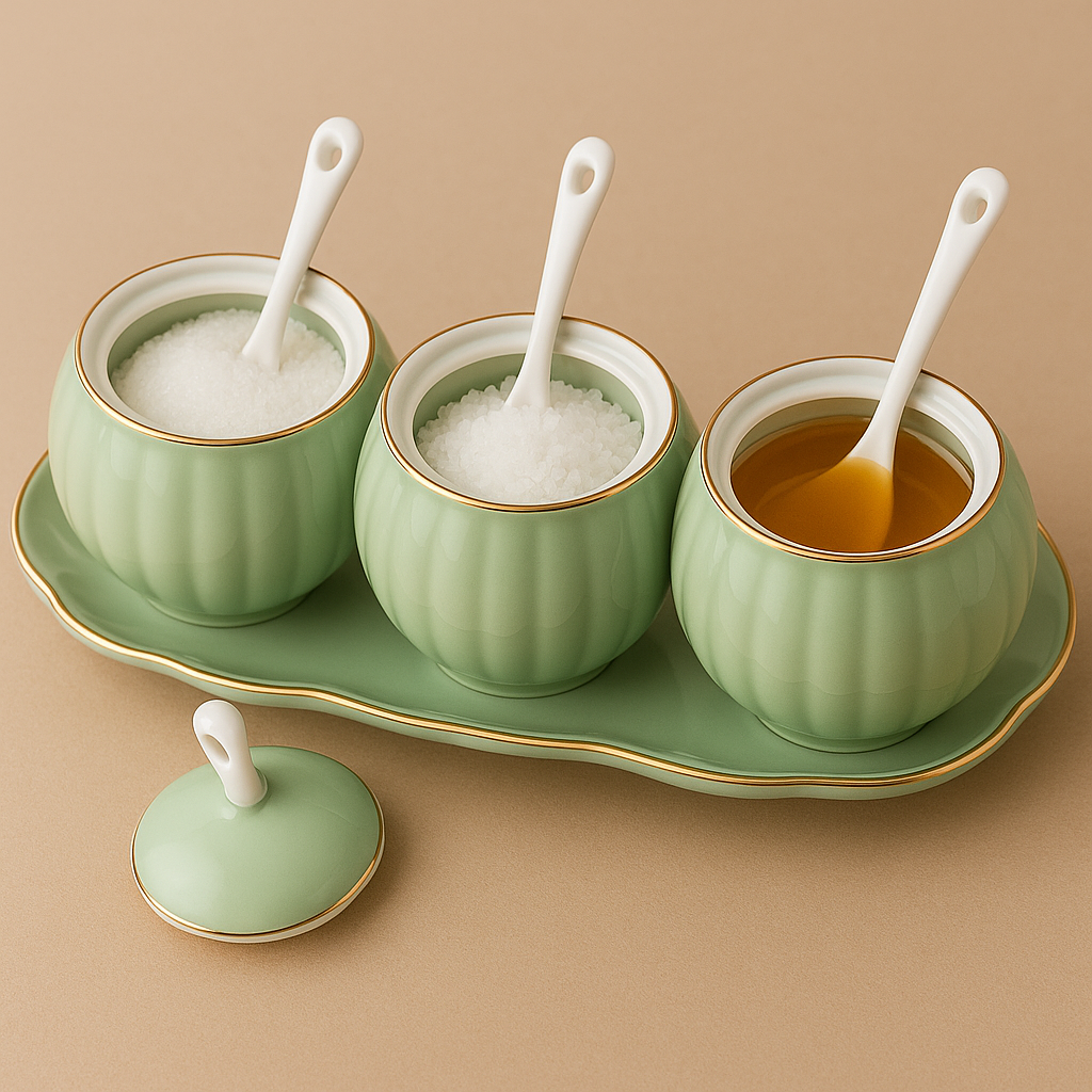 Elegant Celadon Green Ceramic Condiment Set with Tray - 3 jars