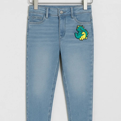 Size 28 Light Blue Cartoon Patch High Waist Jeans with Ankle Slits