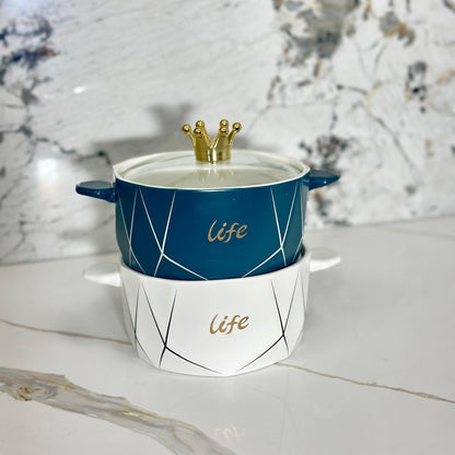 Crown-Lid Ceramic Casserole Pot – Modern LIFE Design with Transparent Glass Lid