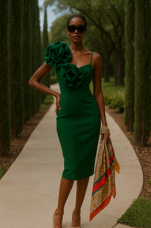 Elegant Floral Shoulder Bodycon Midi Dress – Black, Red & Green