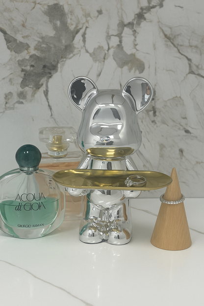 Chrome Bear Figurine with Gold Tray – Bold & Functional Decor Accent