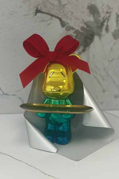 Chrome Bear Figurine with Gold Tray – Bold & Functional Decor Accent