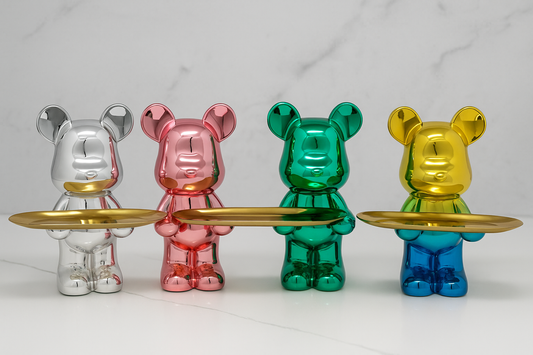 Chrome Bear Figurine with Gold Tray – Bold & Functional Decor Accent