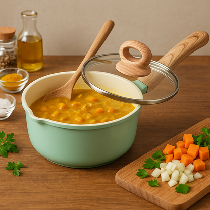 Non-Stick 8" Saucepan with Wooden Handle & Glass Lid – 2.5L Capacity