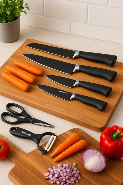 SONMELONY 6PCS Kitchen Knife Set – Non-Stick Coating, Anti-Slip Handle, Includes Scissors & Peeler