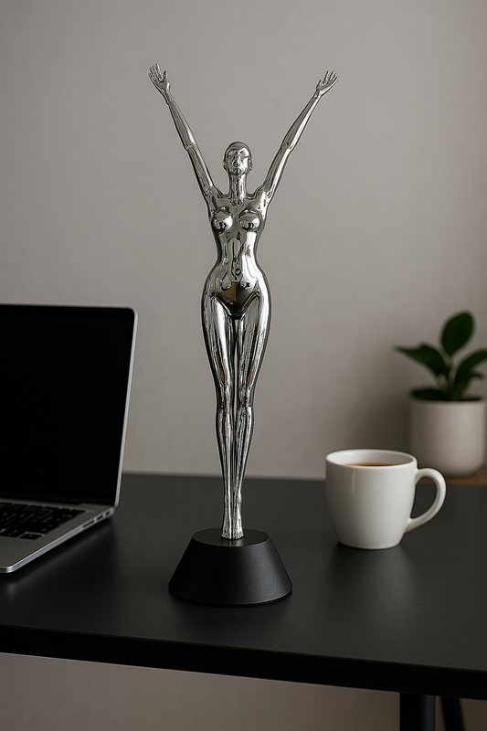 16.5" Chrome Resin Female Figurine with Black Plastic Base – Heavy & Modern Accent