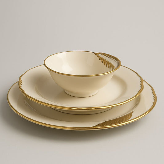 24-Piece Fine Ceramic Dinner Set – Elegant Gold Feather Design