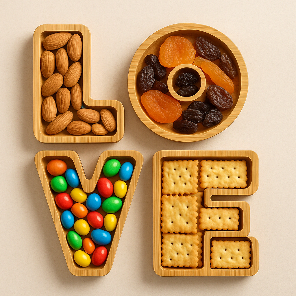Wooden LOVE Snack Tray – 4-Section Bamboo Serving Platter