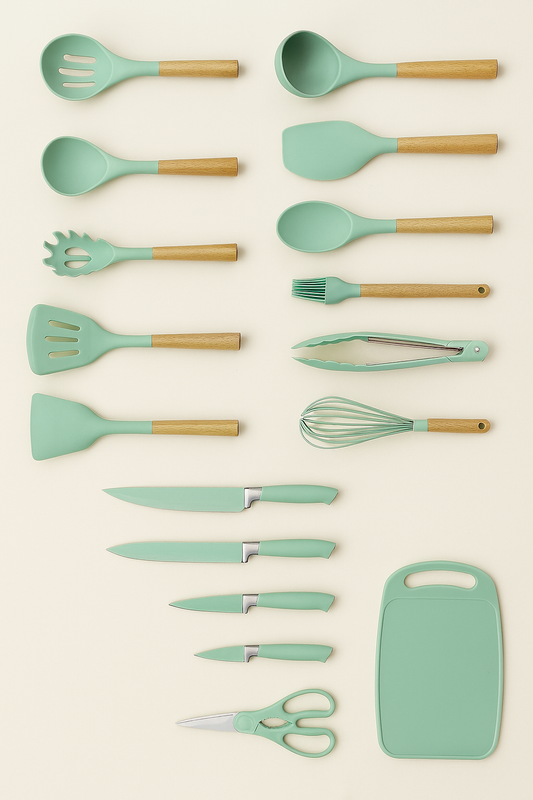 19-Piece EVRYEALTH Kitchenware Set – Silicone Utensils & Stainless Steel Knives with Holder