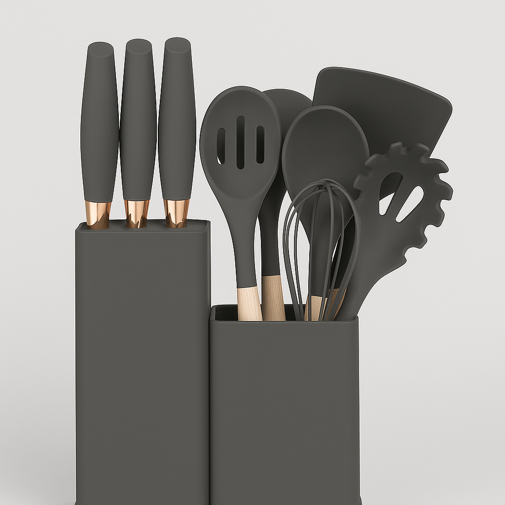 19-Piece EVRYEALTH Kitchenware Set – Silicone Utensils & Stainless Steel Knives with Holder