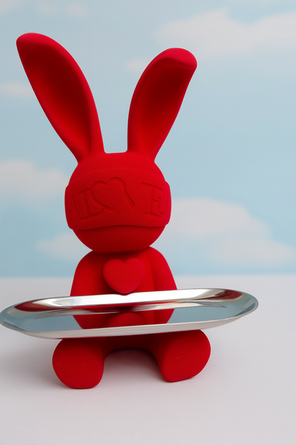 13" Red LOVE Bunny Figurine with Chrome Tray – Decorative Organizer & Gift Piece
