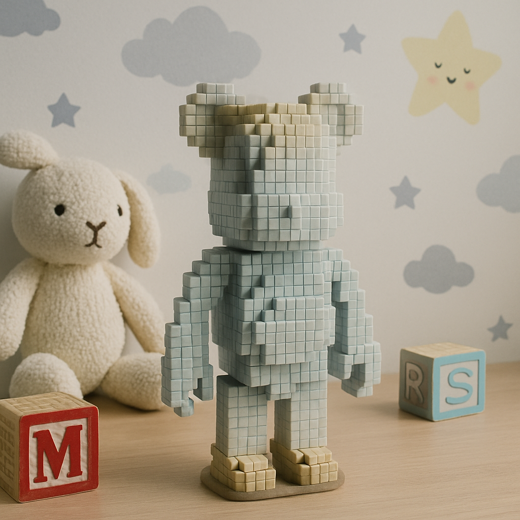 Pixel Style Wooden Bear Figurine – Modern Geometric Home Decor, 12.5 inch