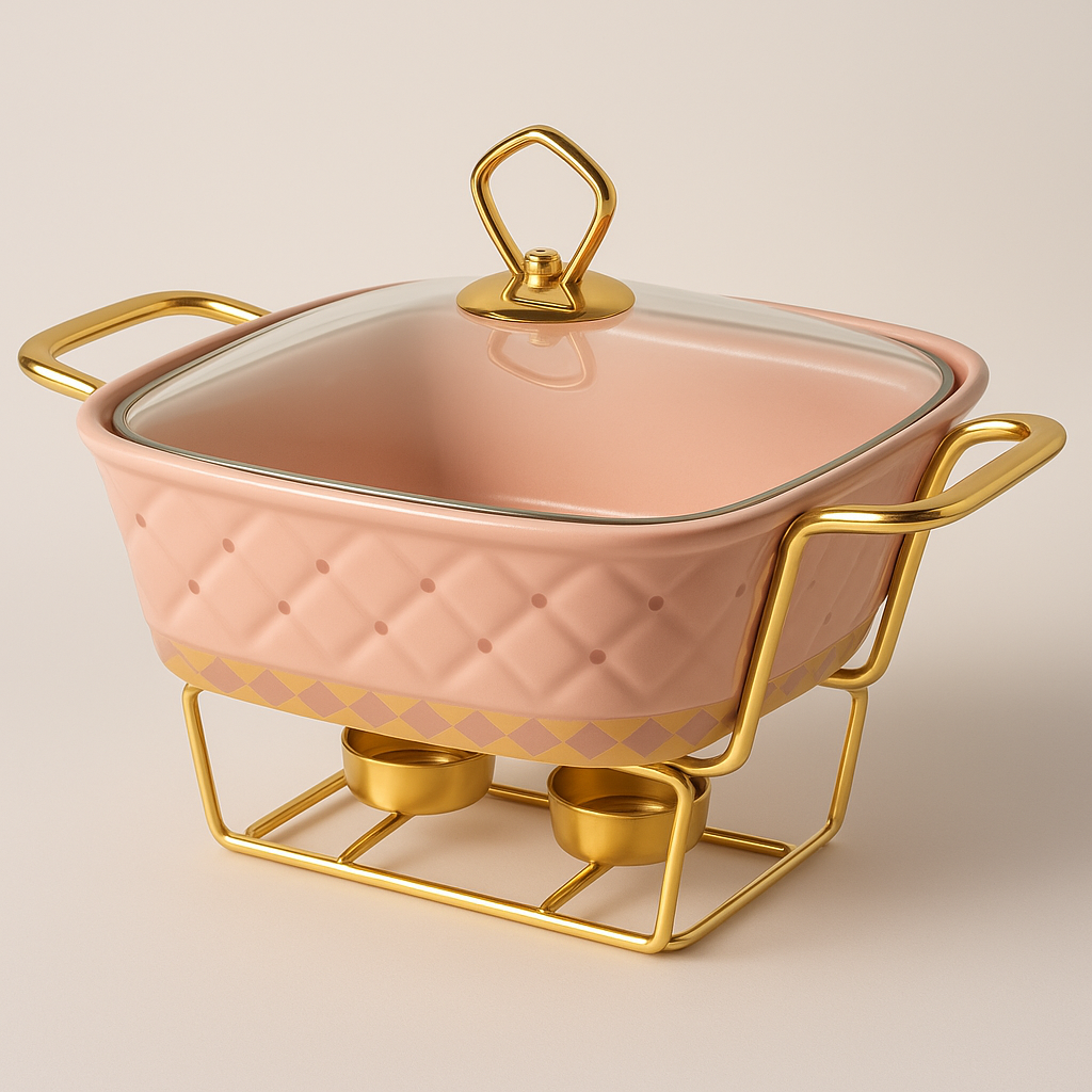 Porcelain Square Casserole Dish with Glass Lid & Gold Metal Stand – 11", 13", 15"