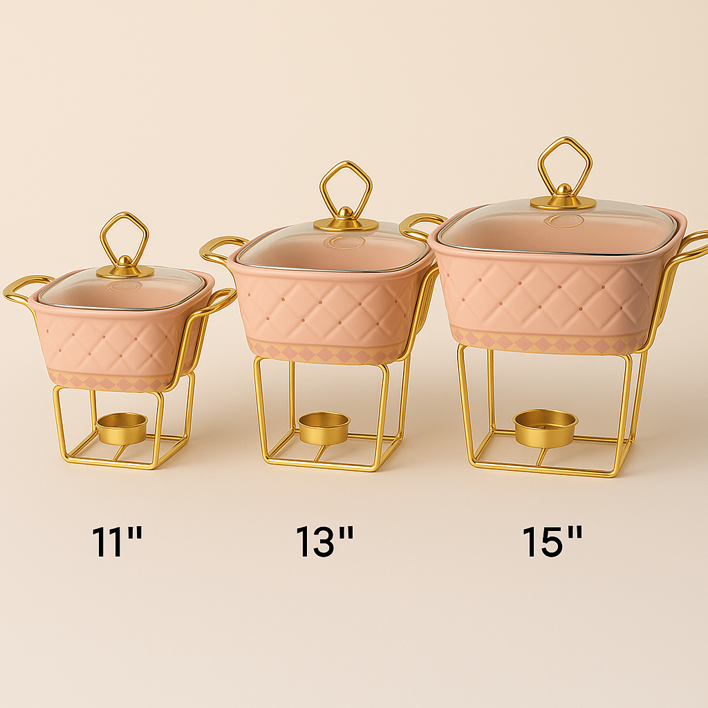 Porcelain Square Casserole Dish with Glass Lid & Gold Metal Stand – 11", 13", 15"