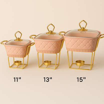 Porcelain Square Casserole Dish with Glass Lid & Gold Metal Stand – 11", 13", 15"