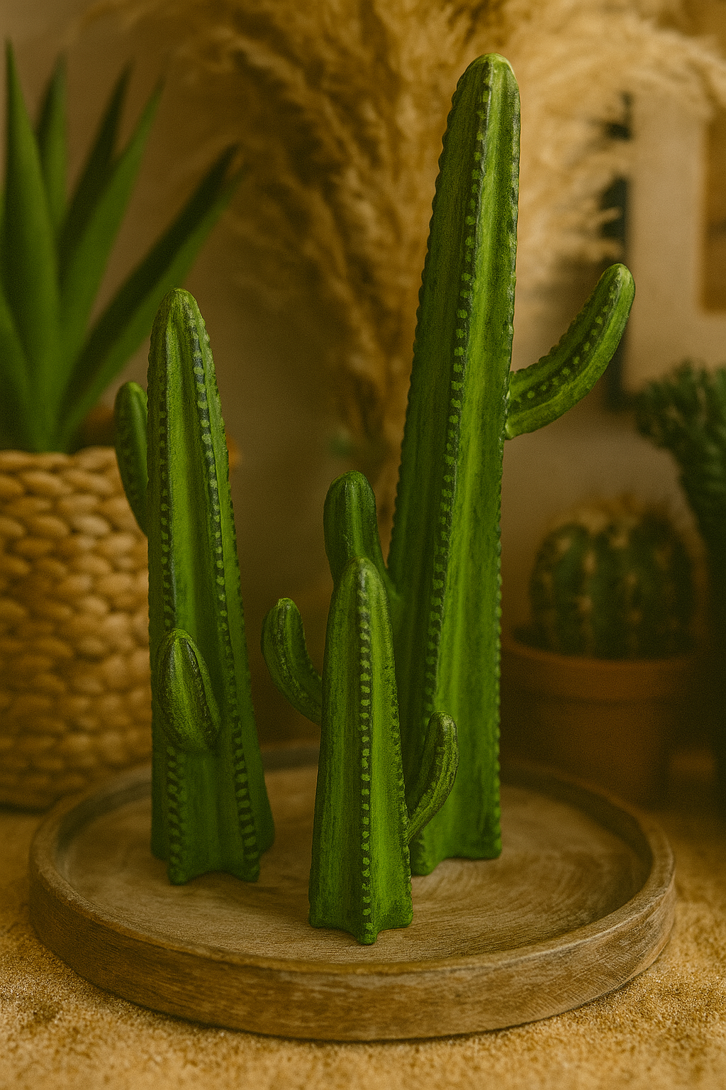 Pottery Clay Cactus Figurines – Decorative Home Accent 13.5", 10.5", 7"