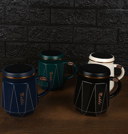 Premium Geometric Ceramic Mug with Lid – 400ml
