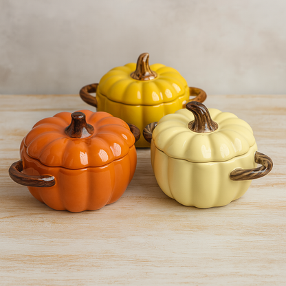 Pumpkin Shaped Ceramic Soup Bowls with Lid for Serving