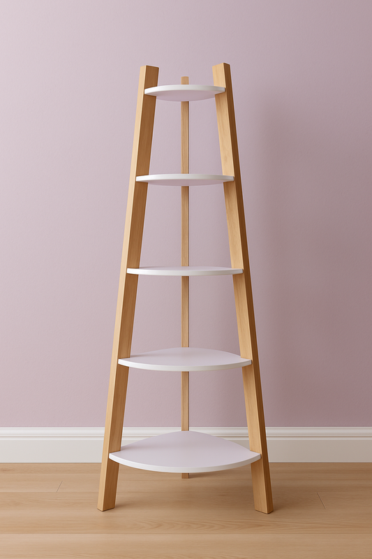 5-Tier Corner Wooden Ladder Shelf Rack – 5 Ft, Purple & Natural Finish