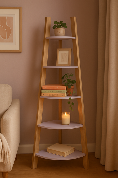 5-Tier Corner Wooden Ladder Shelf Rack – 5 Ft, Purple & Natural Finish