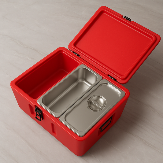 Triple Compartment Insulated Food Warmer – 21.5" Red Thermal Carrier with Stainless Steel Pans
