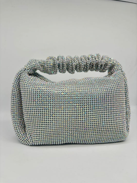 Luxury Silver Rhinestone Evening Clutch Bag with Scrunch Handle
