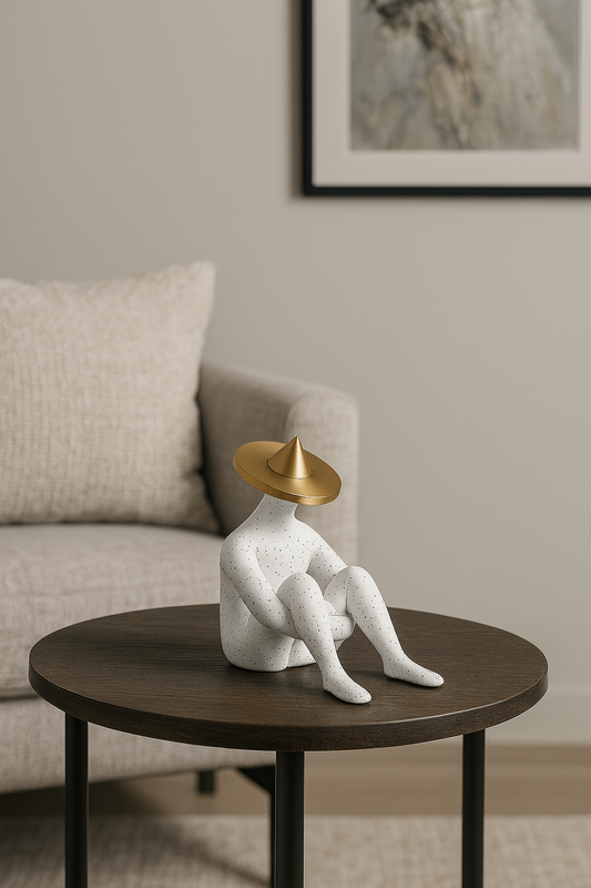 Speckled Clay Sitting Figurine with Gold Hat