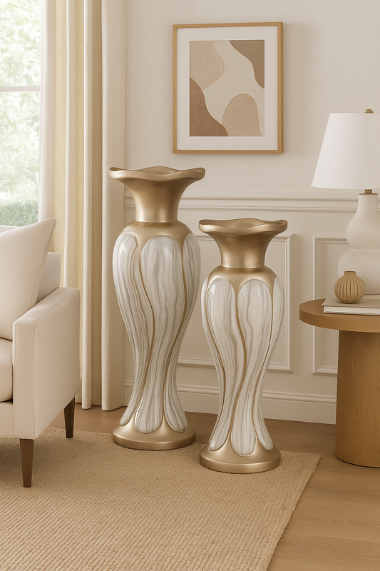 Elegant Swirl-Design Floor Vases – Set of 2, Gold & White