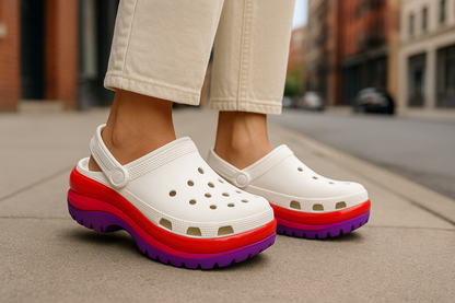 Classic White Crocs with Colorful Red & Purple Sole – Unisex Comfort Clogs